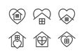 Stay home icons set with heart and home shape. Stay safe and self-isolation line signs, prevent coronavirus spread. Vector